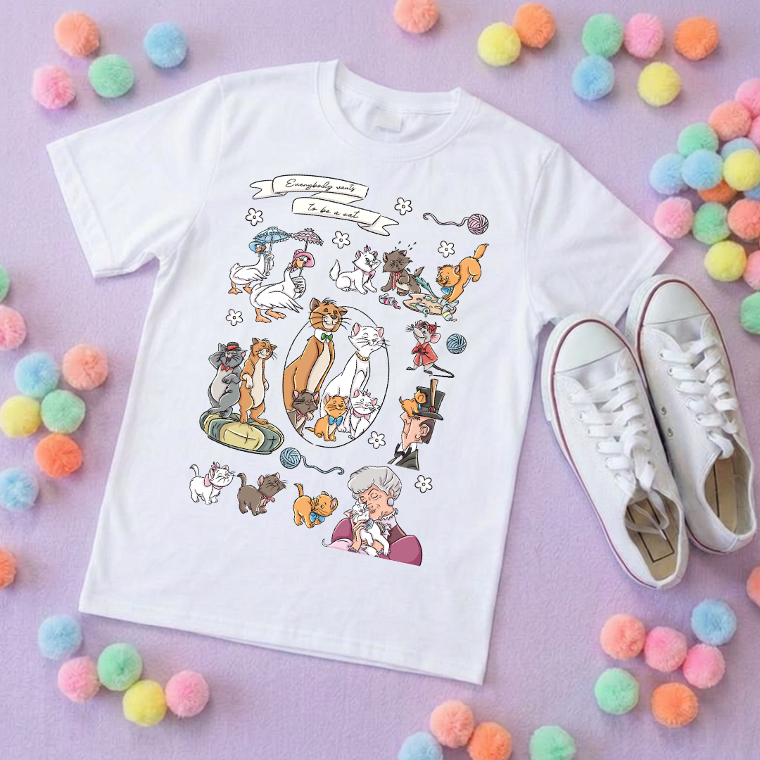 Cat Aristocat Full Art Inspired Printed Pink T-Shirt, Underwater, Kittens, Marie, Duchess and Friends - Adults & Kids Sizes - Cotton T-Shirt