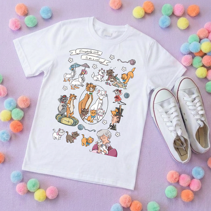 Cat Aristocat Full Art Inspired Printed Pink T-Shirt, Underwater, Kittens, Marie, Duchess and Friends - Adults & Kids Sizes - Cotton T-Shirt
