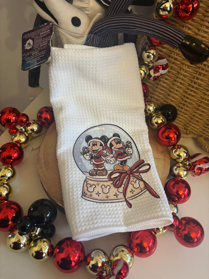 Christmas Santa Minnie & Mickey Snowglobe Printed Waffle Tea Towels, Magical Christmas Kitchen, Personalised Kitchen Towels, Christmas Decor