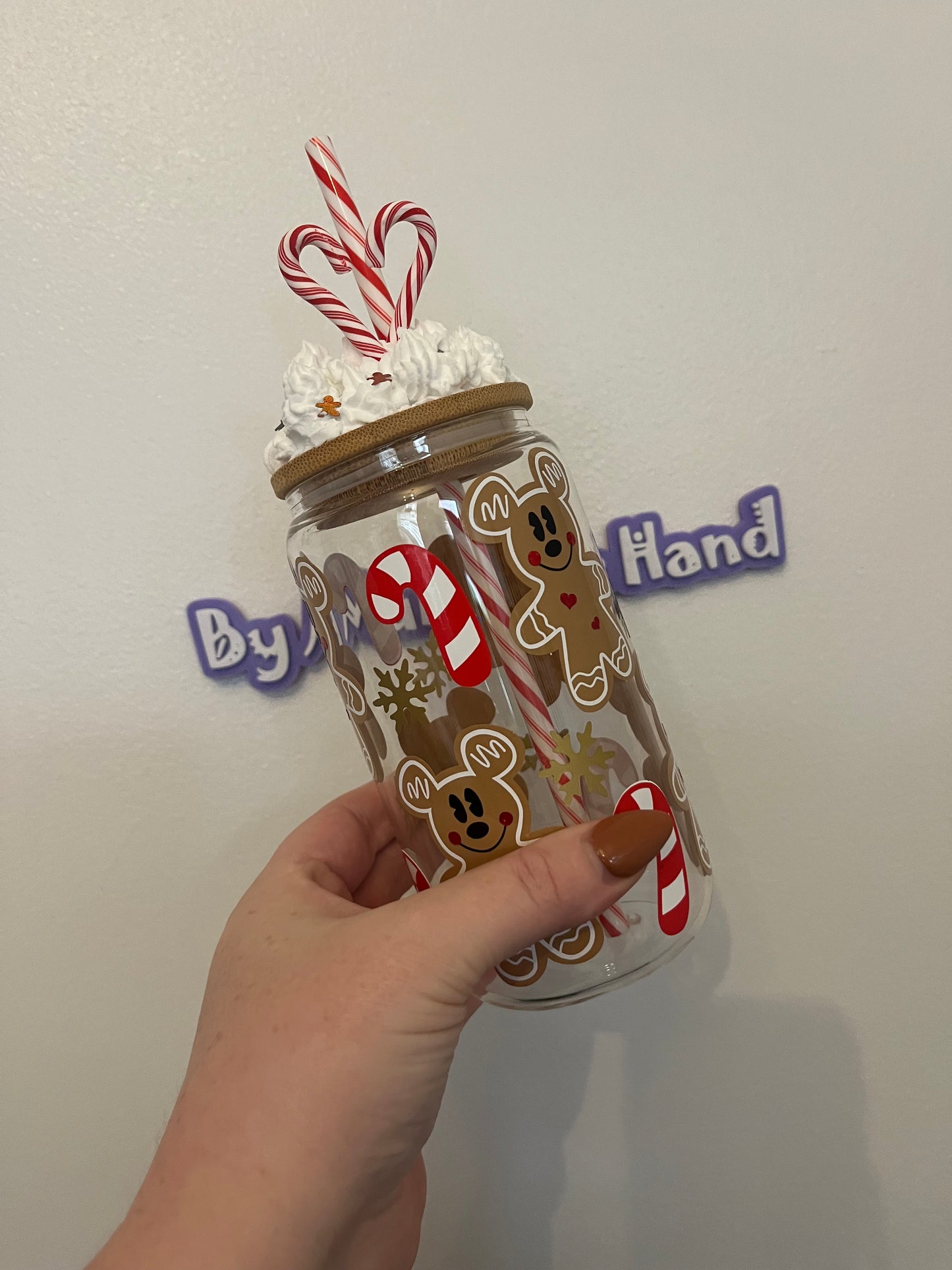 Gingerbread Mickey Mouse Can Glass with Whipped Lid and Candy Canes, Drinkware