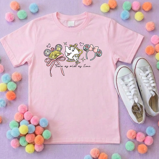 Belle & Teapot Inspired Printed T-Shirt, Princess Movie, Mouse Ears, Princess- Adults & Kids Sizes - Cotton T-Shirt