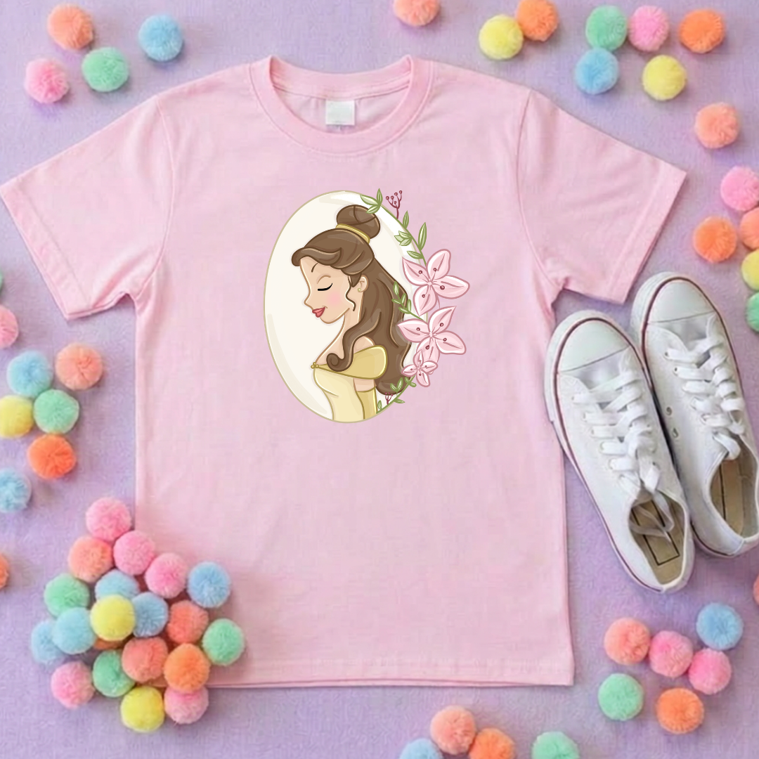 Belle & Flower Inspired Printed T-Shirt, Princess Movie, Mouse Ears, Princess- Adults & Kids Sizes - Cotton T-Shirt