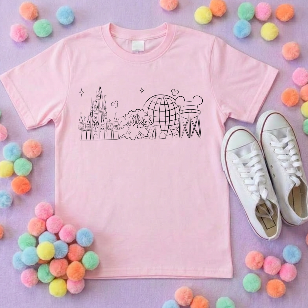 Exclusive Design, 4 Park Sketch Tee, Park Life T-Shirt, Ears, Florida, Orlando, Cruise Holidays T-Shirts, Holiday Outfits - Adults & Kids Sizes - Cotton T-Shirt