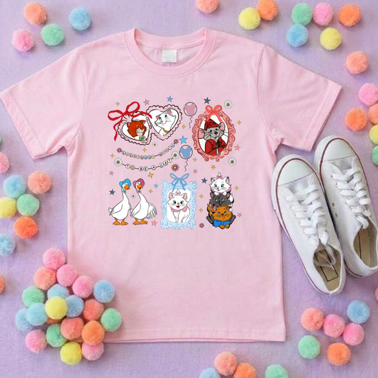 Cat Aristocat Inspired Printed Pink T-Shirt, Underwater, Kittens, Marie, Duchess and Friends - Adults & Kids Sizes - Cotton T-Shirt