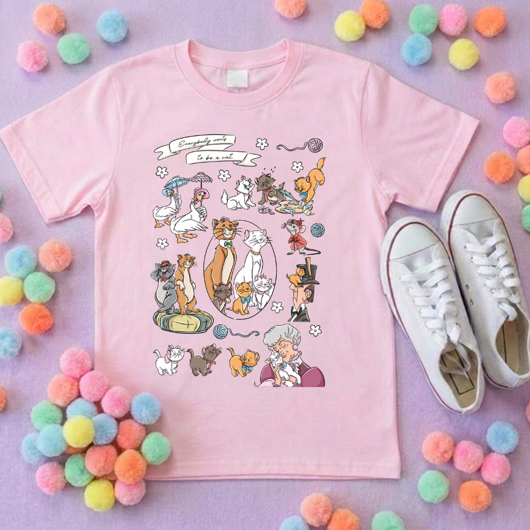 Cat Aristocat Full Art Inspired Printed Pink T-Shirt, Underwater, Kittens, Marie, Duchess and Friends - Adults & Kids Sizes - Cotton T-Shirt