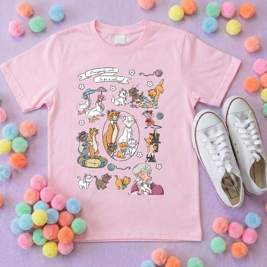 Cat Aristocat Full Art Inspired Printed Pink T-Shirt, Underwater, Kittens, Marie, Duchess and Friends - Adults & Kids Sizes - Cotton T-Shirt