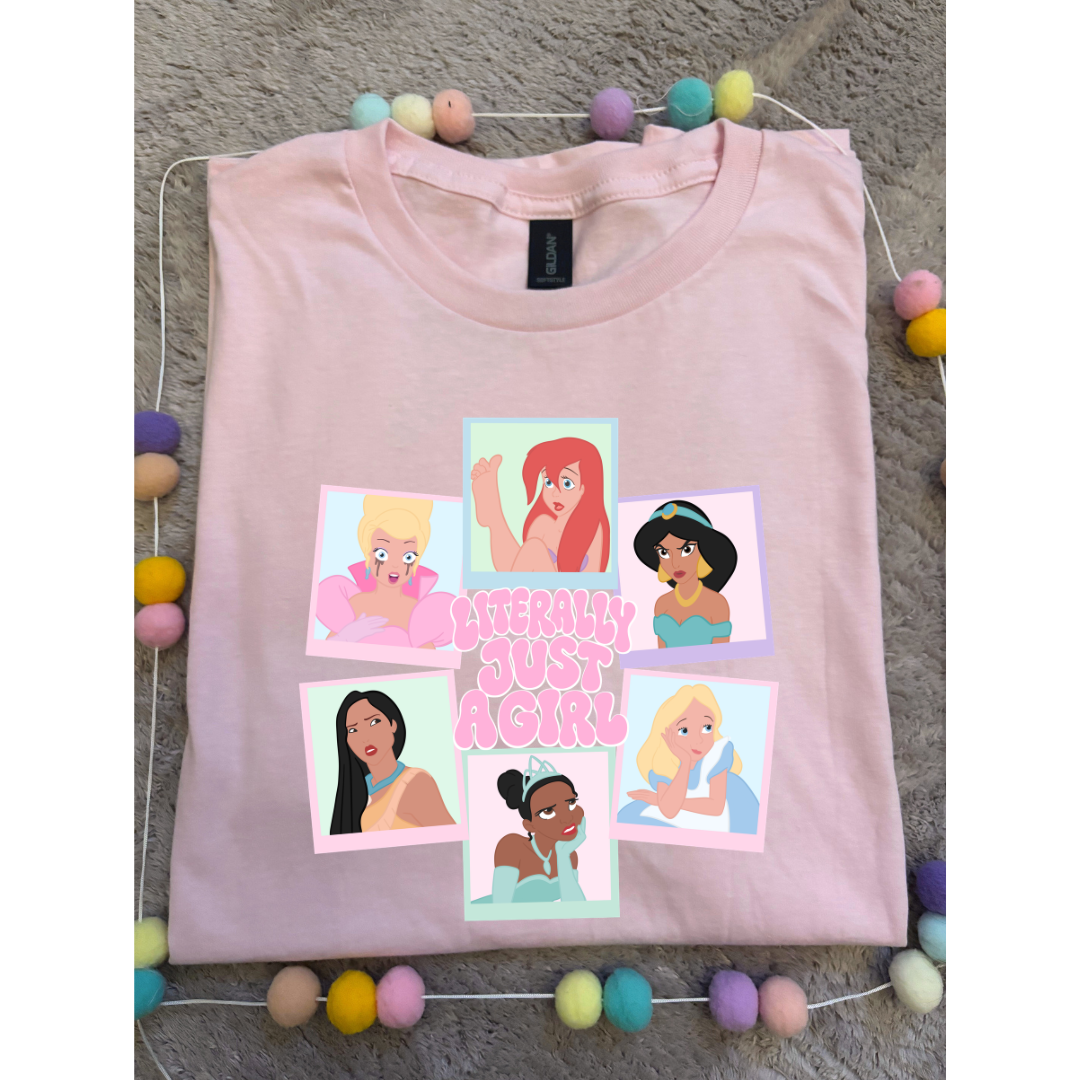 Just a Girl Princess Inspired Printed T-Shirt, Princess, Magical Kingdom, Inspired Character T-Shirts - Adults & Kids Sizes - Cotton T-Shirt