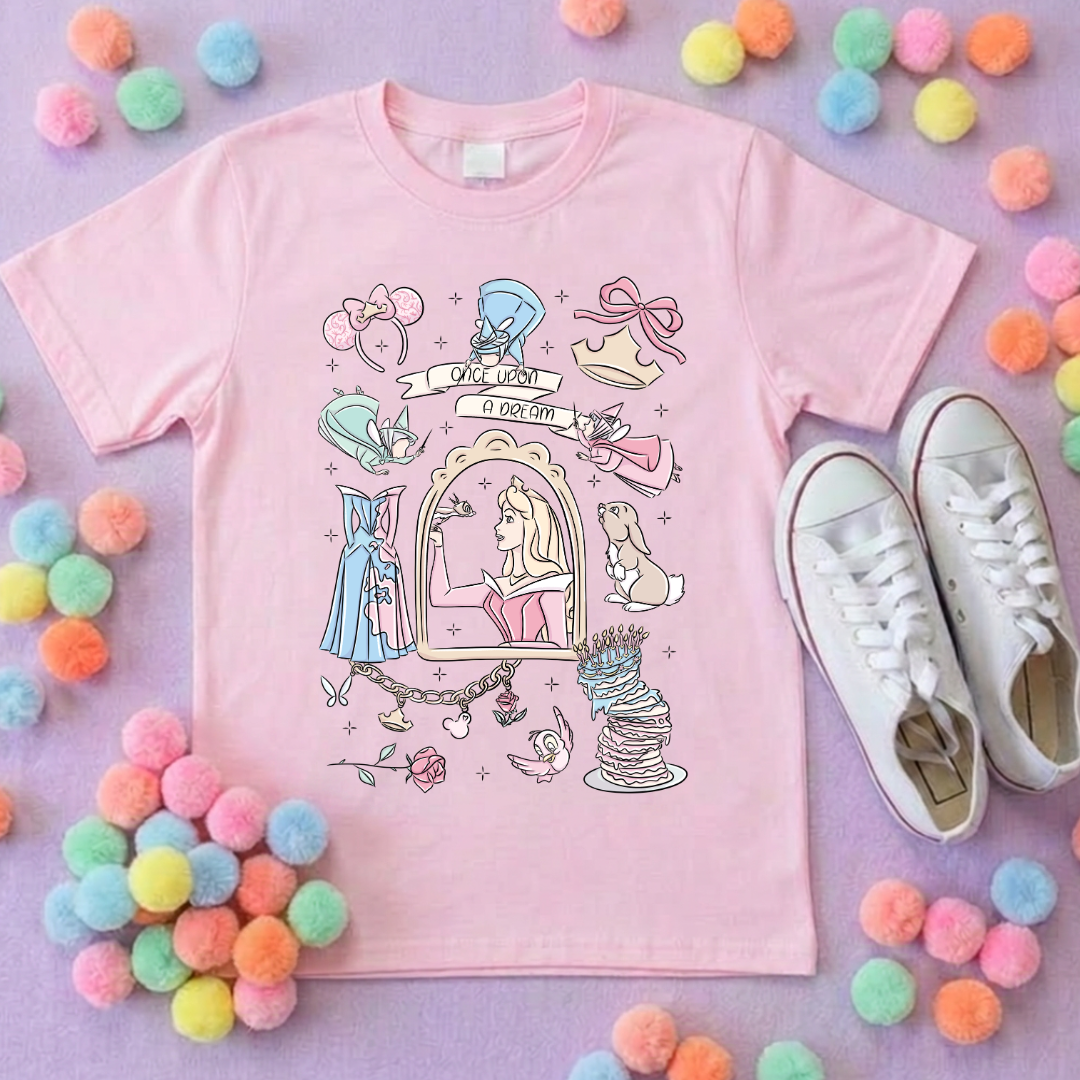 Sleeping Princess Full Art Inspired Printed T-Shirt, Princess Movie, Mouse Ears, Princess- Adults & Kids Sizes - Cotton T-Shirt
