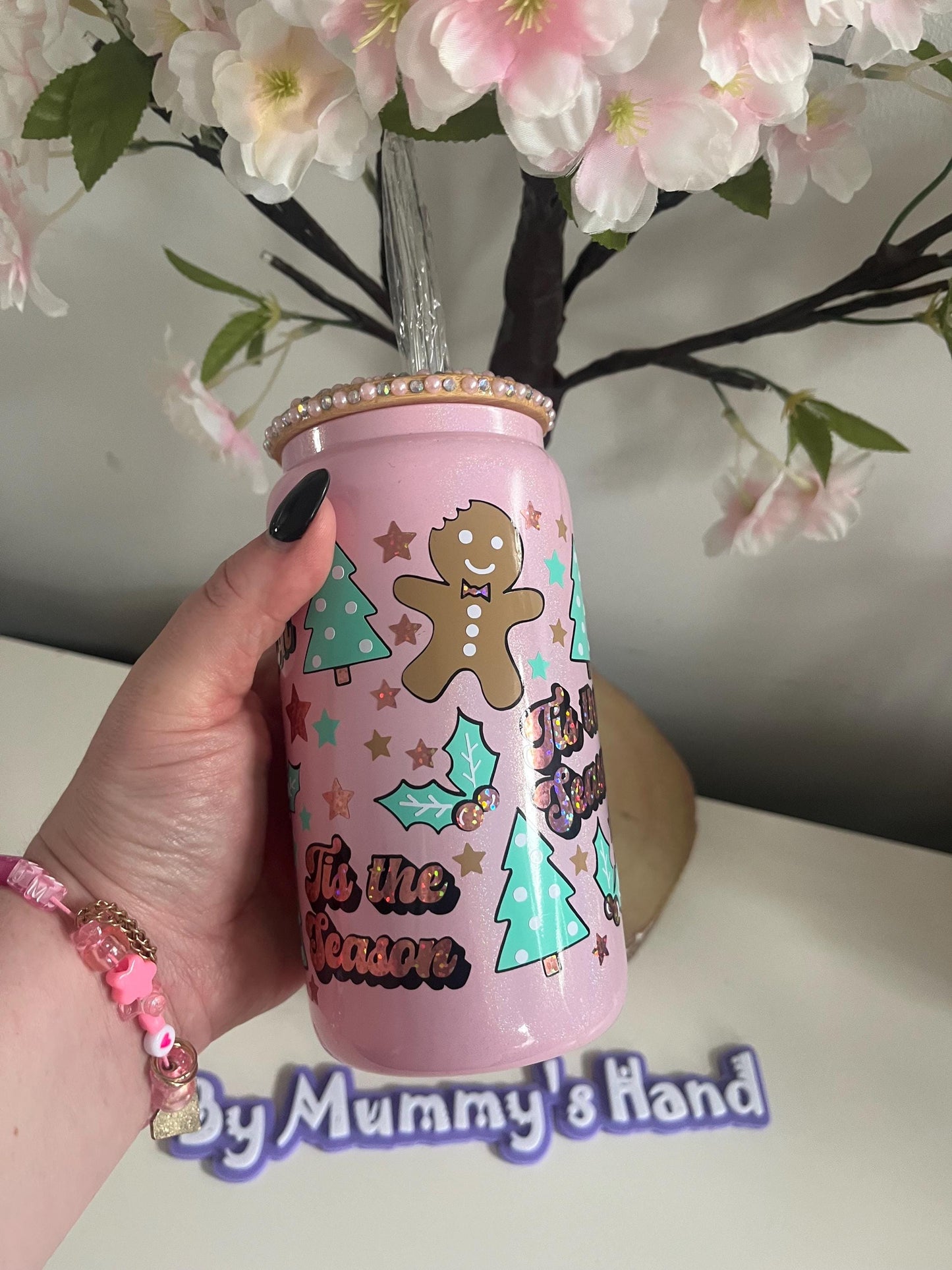 Personalised Can Glasses, Tis the Season, Christmas, Hot Chocolate, Gingerbread Latte, Iced Latte Glass, Pink Christmas Cup