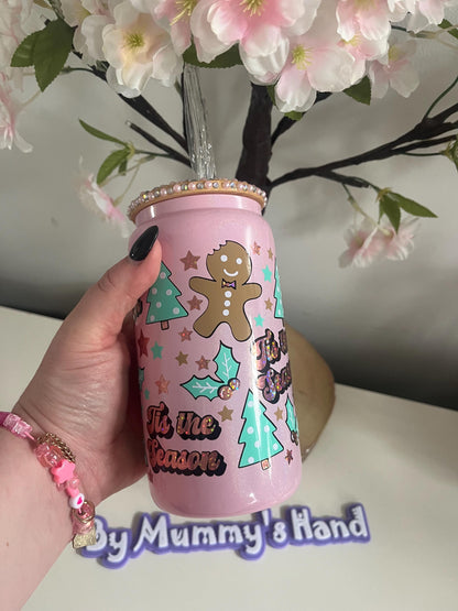 Personalised Can Glasses, Tis the Season, Christmas, Hot Chocolate, Gingerbread Latte, Iced Latte Glass, Pink Christmas Cup