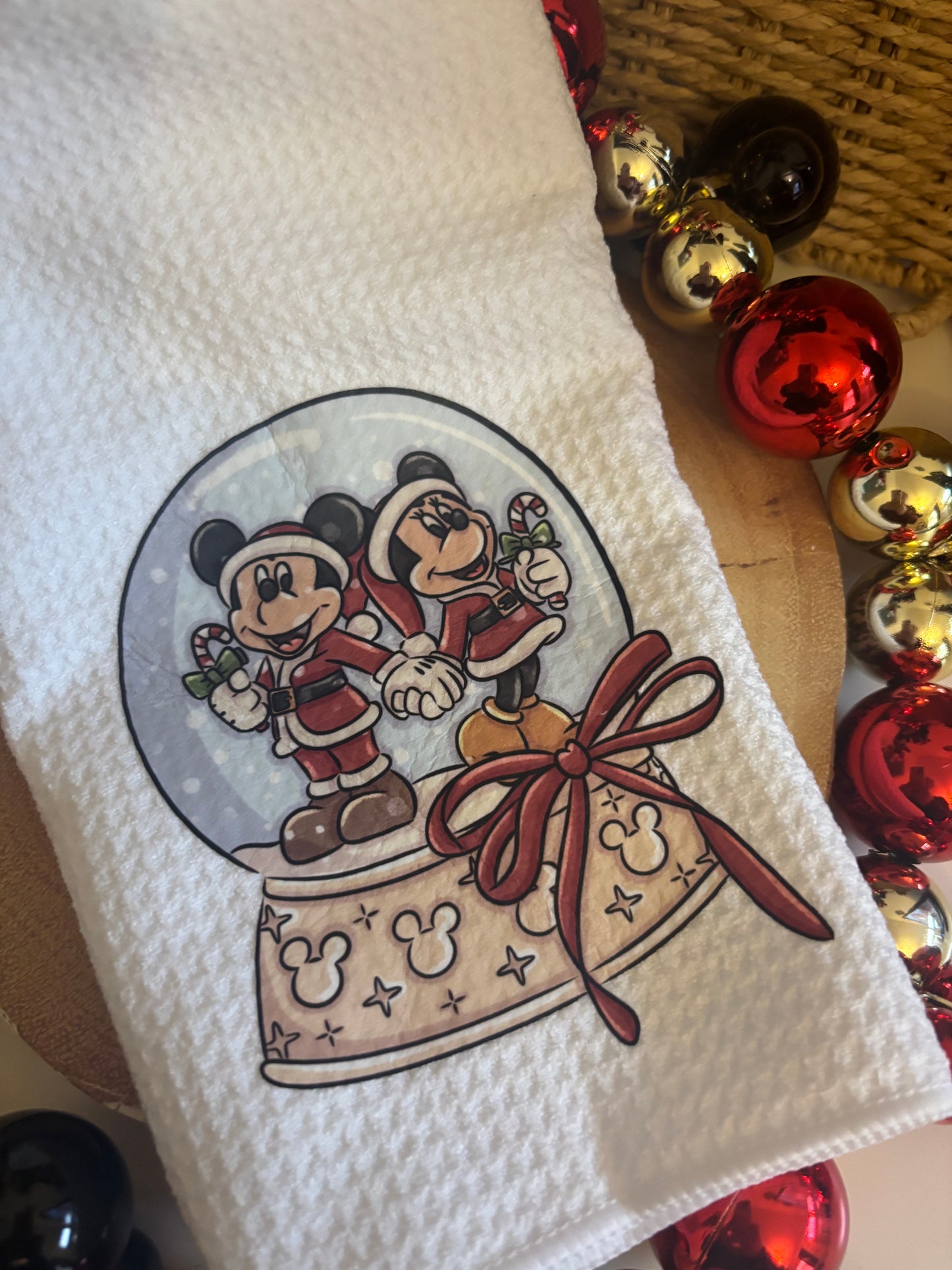 Christmas Santa Minnie & Mickey Snowglobe Printed Waffle Tea Towels, Magical Christmas Kitchen, Personalised Kitchen Towels, Christmas Decor