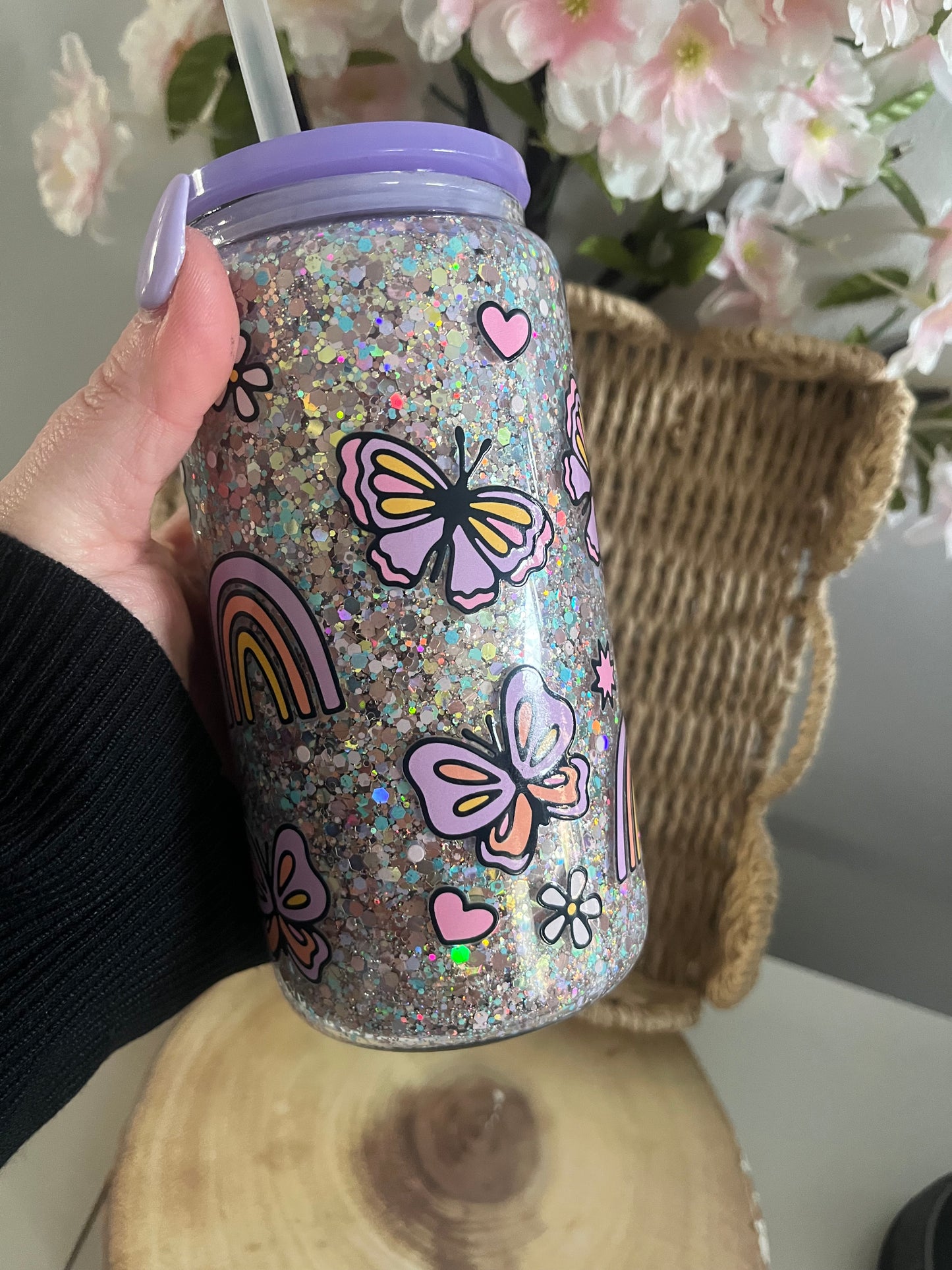 Cool Mum Glitter Glass Tumbler, Glassware, Snowglobe, Glitterglobe, Pretty Drink Cups, Butterfly Theme, Rainbow Theme, Glitter Glasses