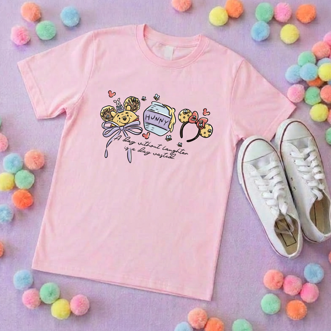 Hunny Bear Pooh Inspired Printed White T-Shirt, English Yellow Bear, Acre Wood - Adults & Kids Sizes - Cotton T-Shirt