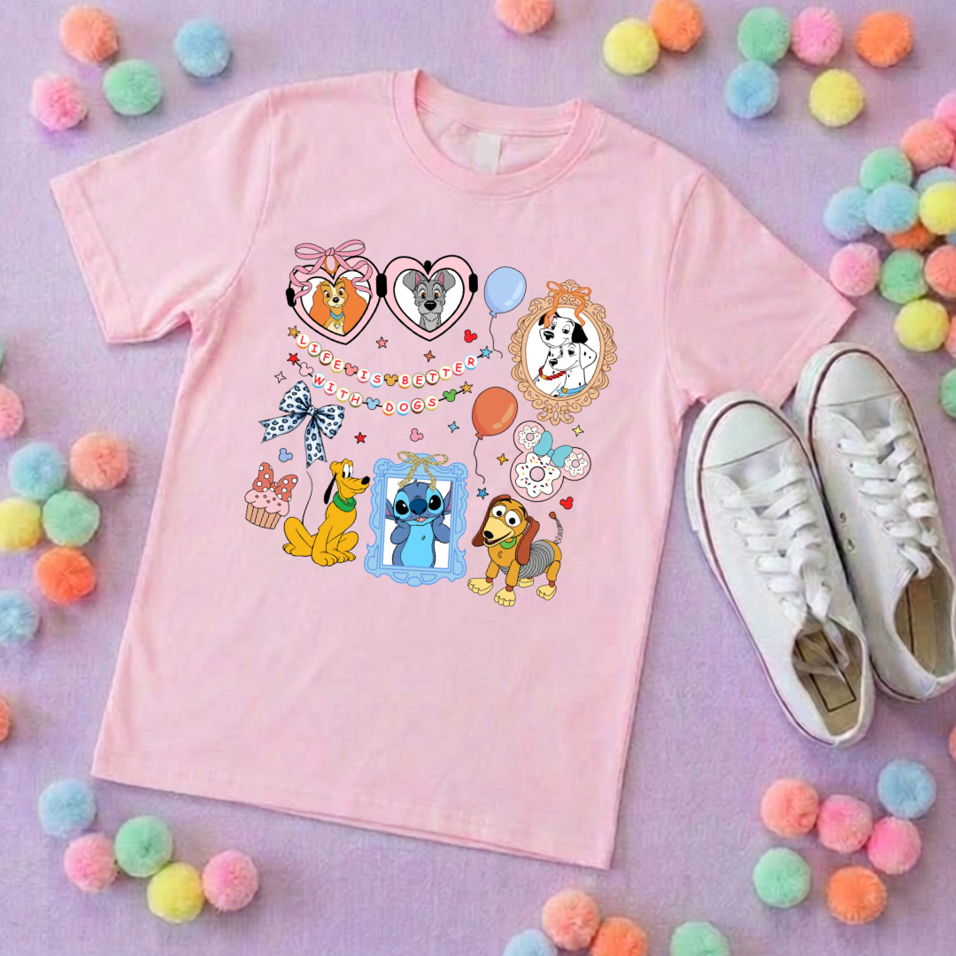 Pets Inspired Printed White T-Shirt, Dogs, Stitch, Dalmations and Friends - Adults & Kids Sizes - Cotton T-Shirt
