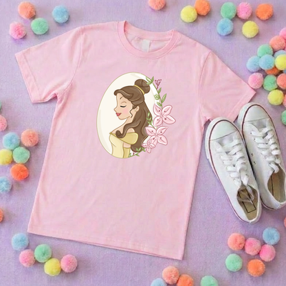 Belle & Flower Inspired Printed T-Shirt, Princess Movie, Mouse Ears, Princess- Adults & Kids Sizes - Cotton T-Shirt