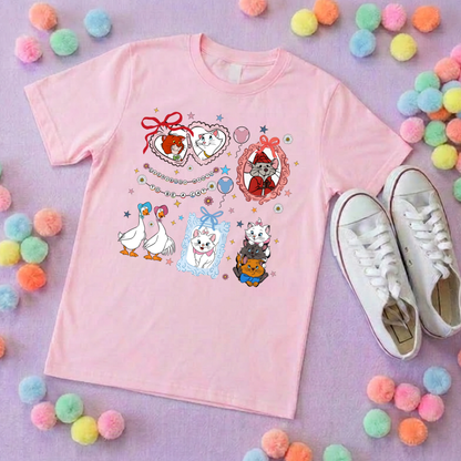 Cat Aristocat Inspired Printed Pink T-Shirt, Underwater, Kittens, Marie, Duchess and Friends - Adults & Kids Sizes - Cotton T-Shirt
