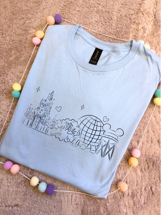 Exclusive Design, 4 Park Sketch Tee, Park Life T-Shirt, Ears, Florida, Orlando, Cruise Holidays T-Shirts, Holiday Outfits - Adults & Kids Sizes - Cotton T-Shirt