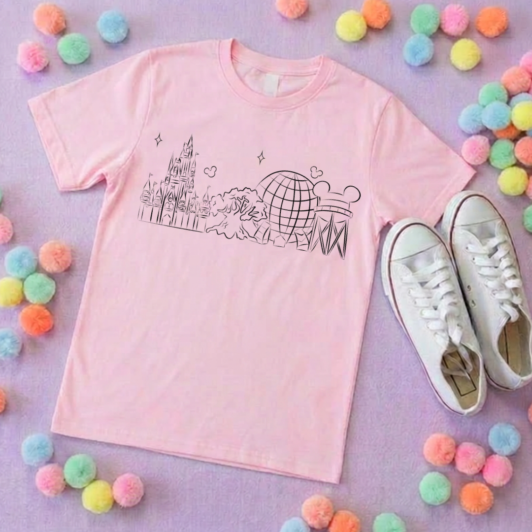 Exclusive Design, 4 Park Sketch Tee, Park Life T-Shirt, Ears, Florida, Orlando, Cruise Holidays T-Shirts, Holiday Outfits - Adults & Kids Sizes - Cotton T-Shirt