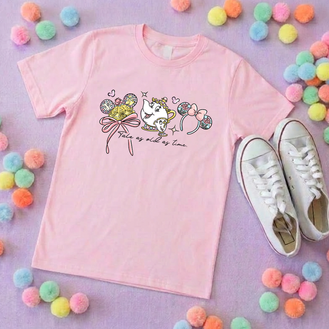 Belle & Teapot Inspired Printed T-Shirt, Princess Movie, Mouse Ears, Princess- Adults & Kids Sizes - Cotton T-Shirt