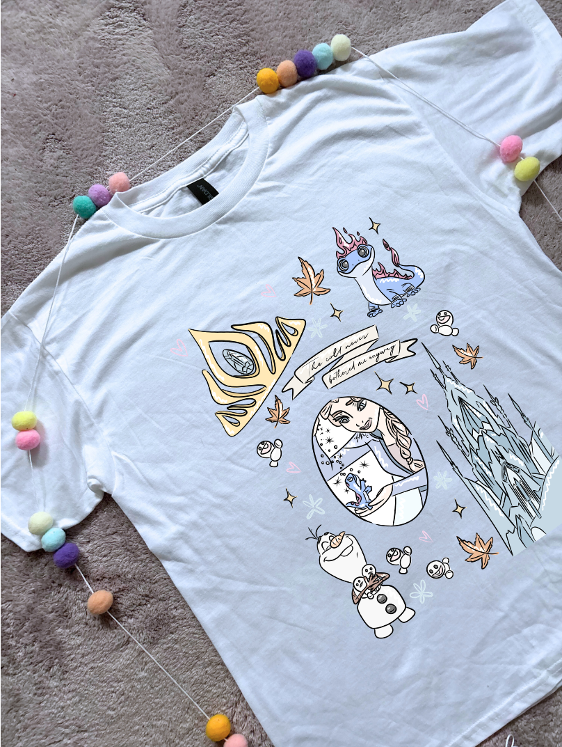 Frozen Sisters, Full Art Design Inspired Printed T-Shirt, Norwegian Style, Happy Snowman, Olaf, Bruni - Adults & Kids Sizes - Cotton T-Shirt