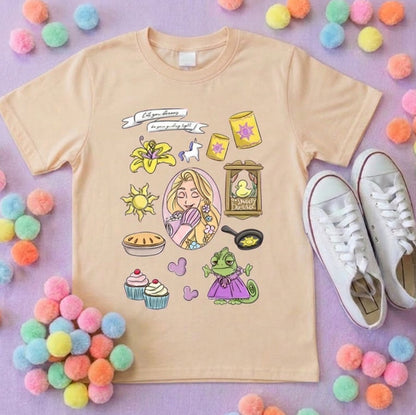 Rapunzel Princess Tower Full Art Inspired Printed T-Shirt, Princess Movie, Golden Hair Princess- Adults & Kids Sizes - Cotton T-Shirt