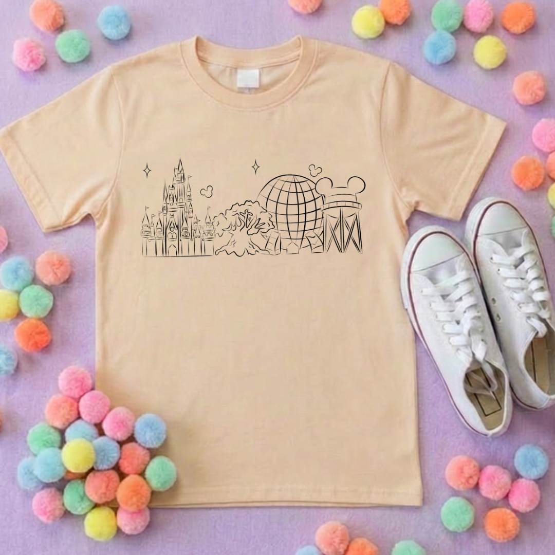 Exclusive Design, 4 Park Sketch Tee, Park Life T-Shirt, Ears, Florida, Orlando, Cruise Holidays T-Shirts, Holiday Outfits - Adults & Kids Sizes - Cotton T-Shirt