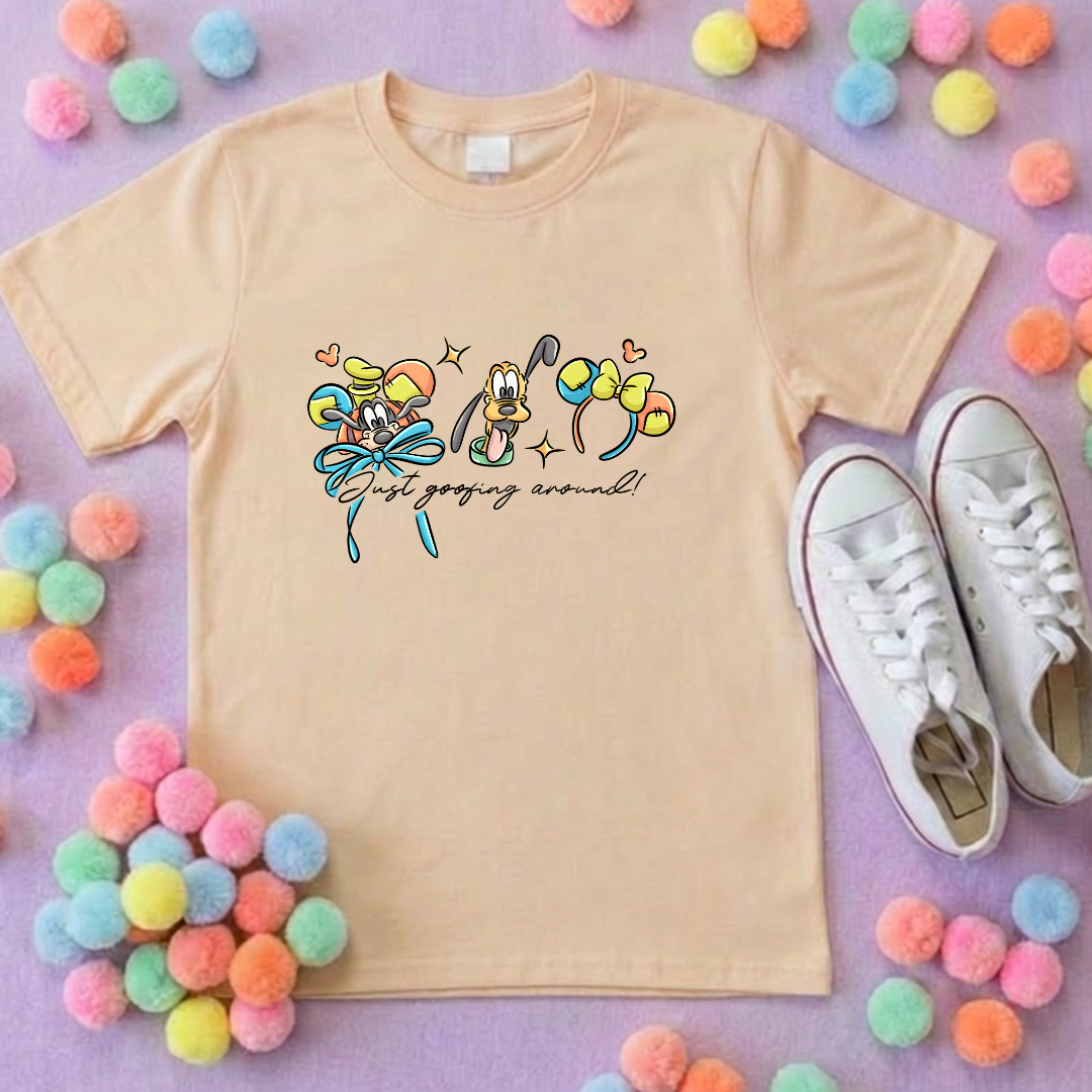 Goofing Around, Goofy, Pluto Inspired Printed White T-Shirt, Yellow Dog, Goofy - Adults & Kids Sizes - Cotton T-Shirt