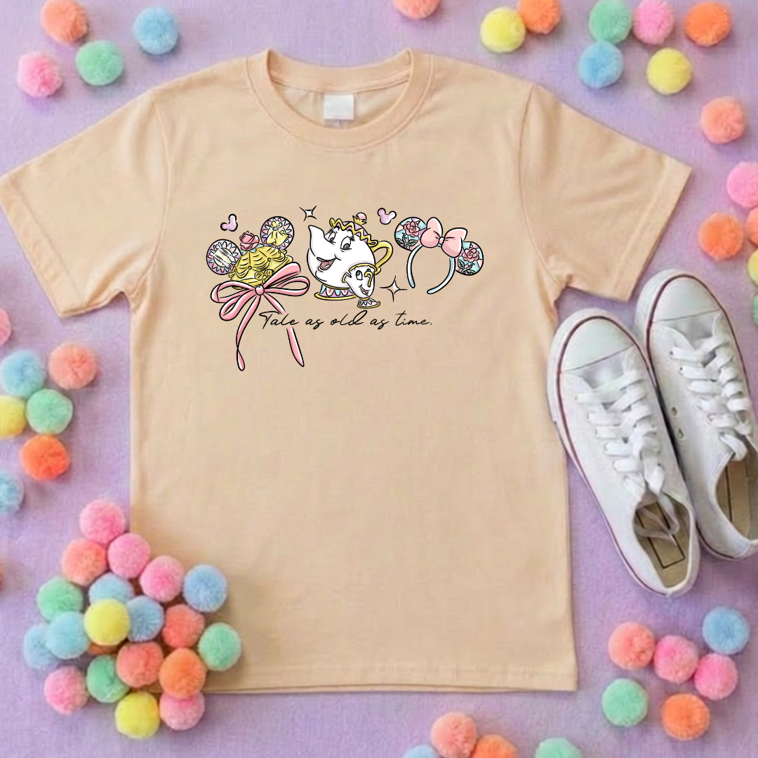 Belle & Teapot Inspired Printed T-Shirt, Princess Movie, Mouse Ears, Princess- Adults & Kids Sizes - Cotton T-Shirt