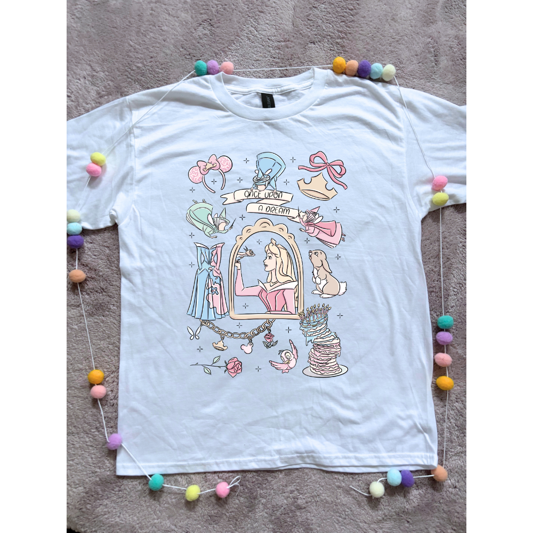 Sleeping Princess Full Art Inspired Printed T-Shirt, Princess Movie, Mouse Ears, Princess- Adults & Kids Sizes - Cotton T-Shirt