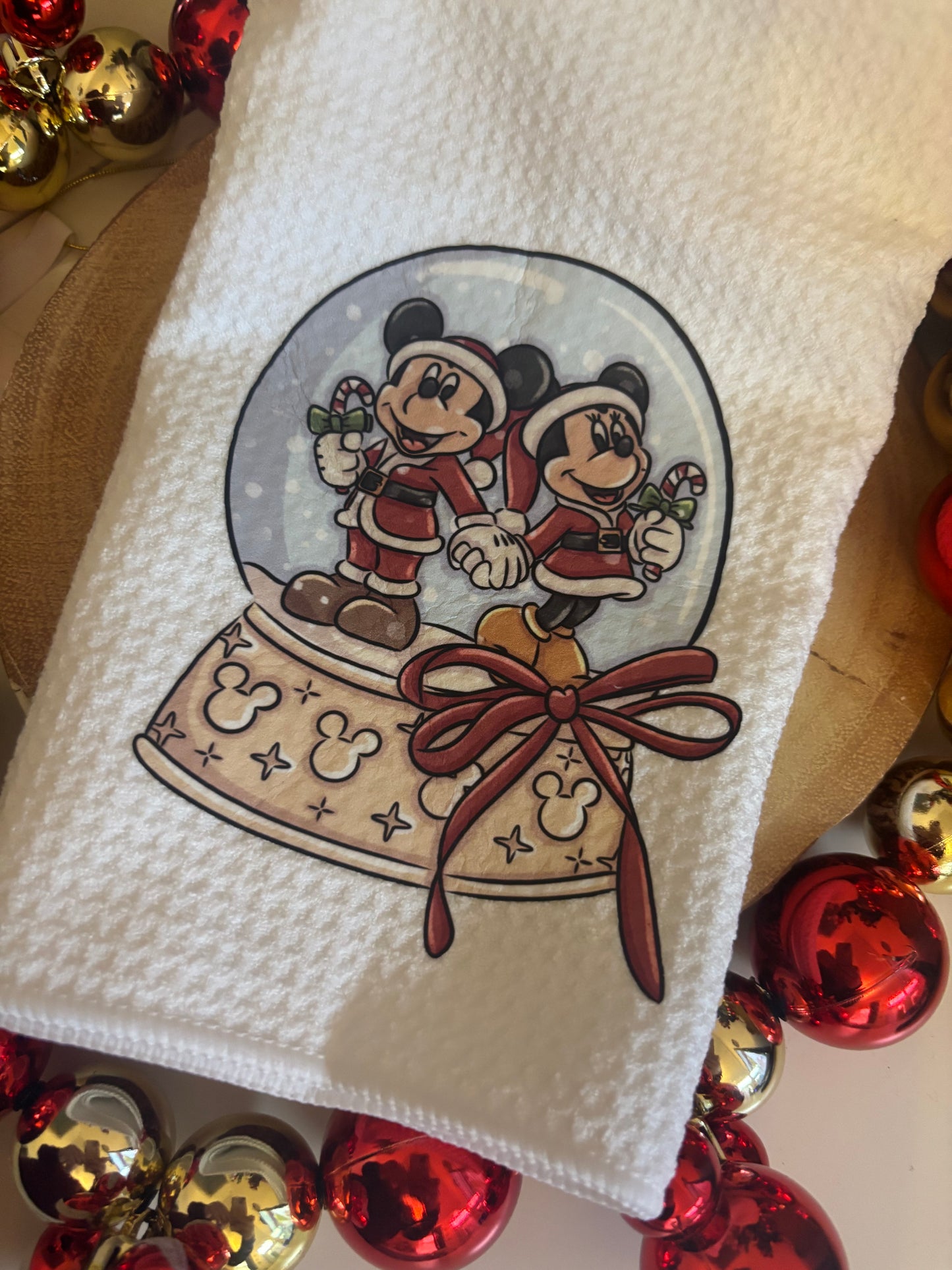 Christmas Santa Minnie & Mickey Snowglobe Printed Waffle Tea Towels, Magical Christmas Kitchen, Personalised Kitchen Towels, Christmas Decor