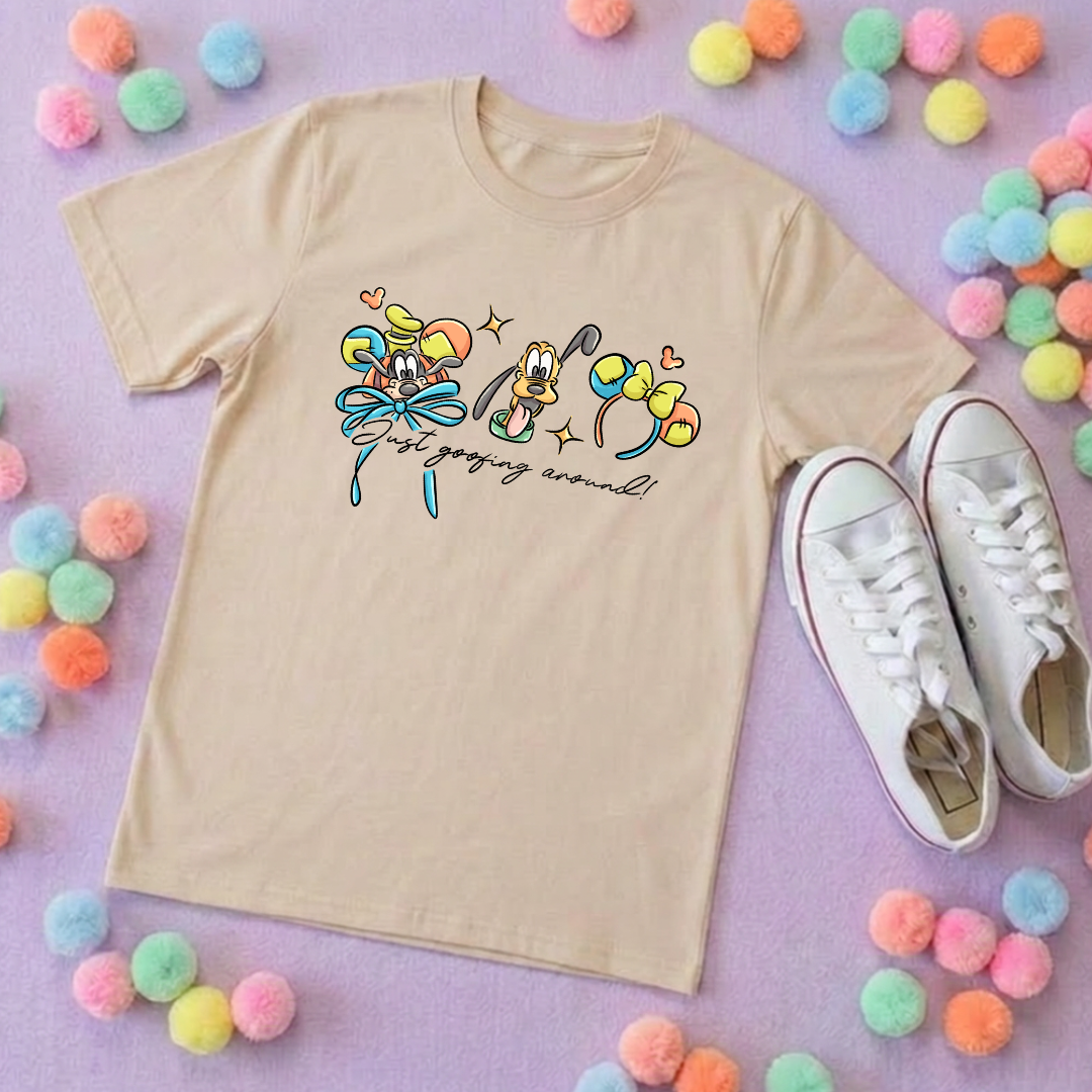 Goofing Around, Goofy, Pluto Inspired Printed White T-Shirt, Yellow Dog, Goofy - Adults & Kids Sizes - Cotton T-Shirt