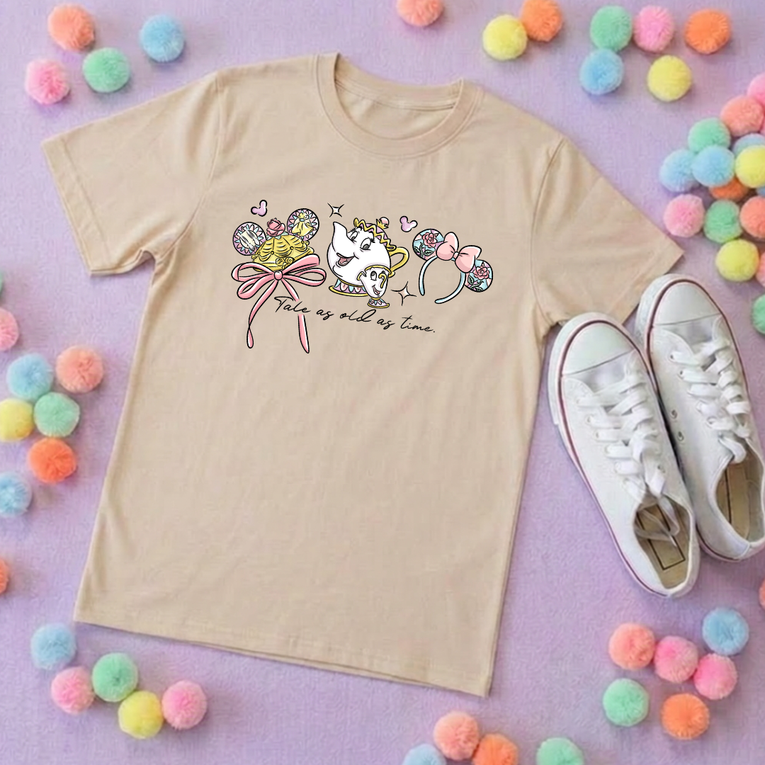 Belle & Teapot Inspired Printed T-Shirt, Princess Movie, Mouse Ears, Princess- Adults & Kids Sizes - Cotton T-Shirt