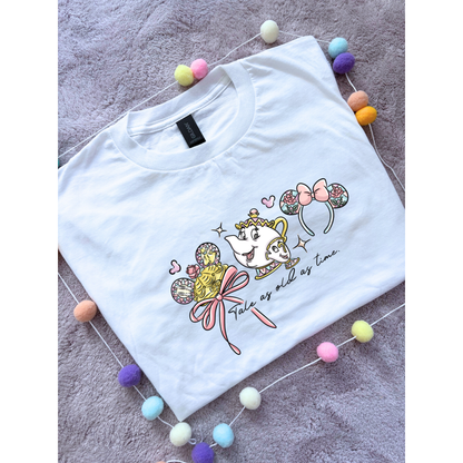Belle & Teapot Inspired Printed T-Shirt, Princess Movie, Mouse Ears, Princess- Adults & Kids Sizes - Cotton T-Shirt