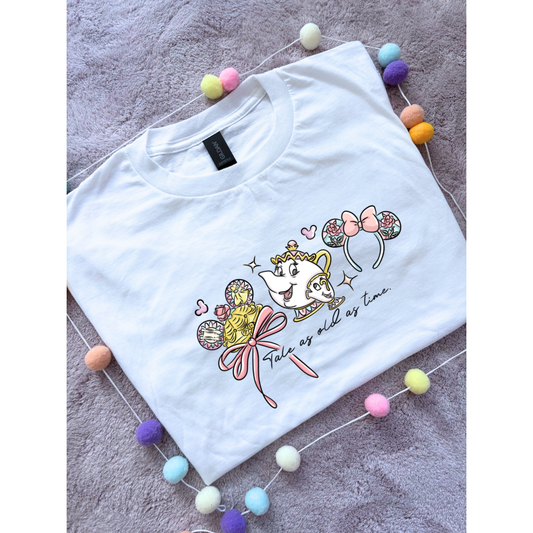 Belle & Teapot Inspired Printed T-Shirt, Princess Movie, Mouse Ears, Princess- Adults & Kids Sizes - Cotton T-Shirt