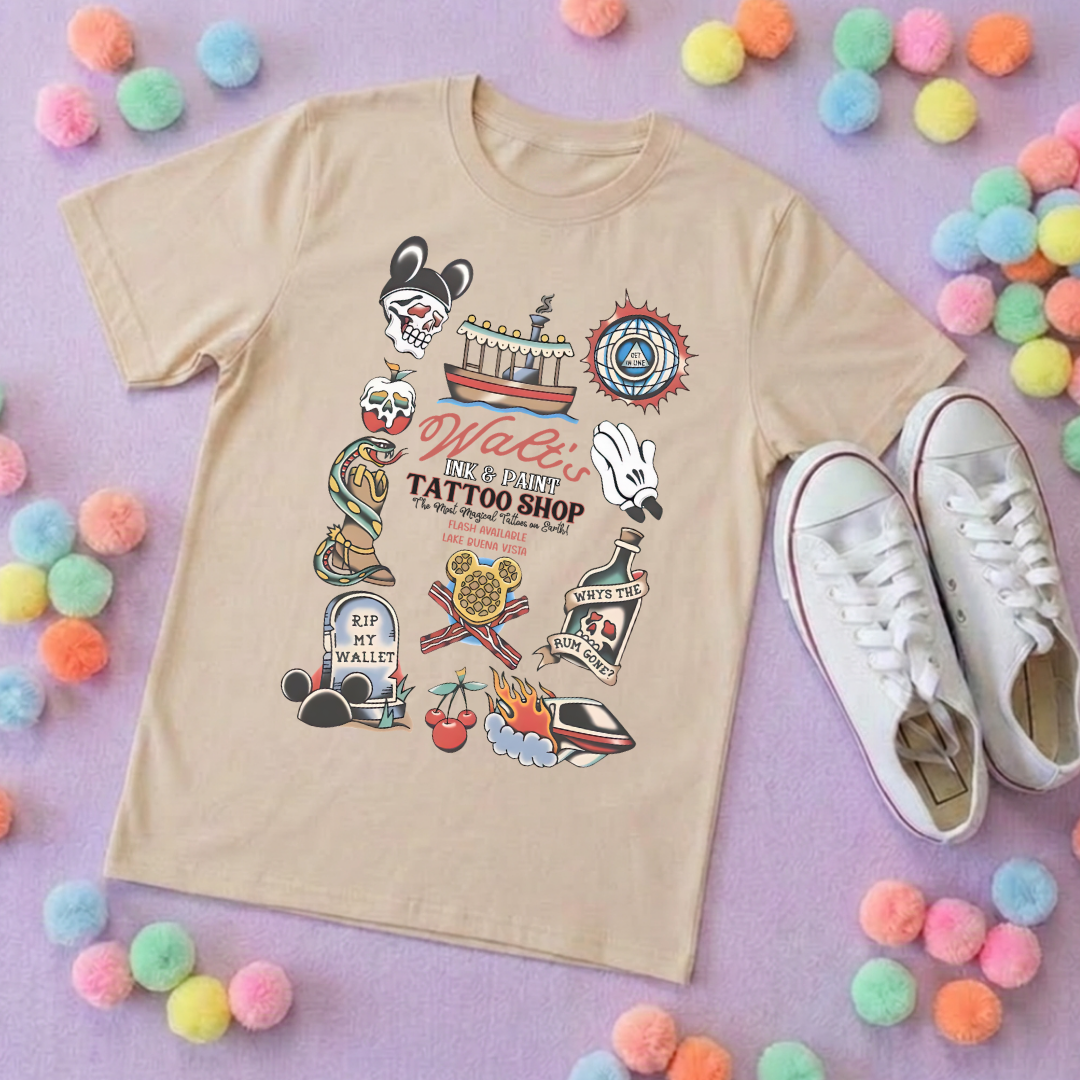 Walts Tattoo Park Life T-Shirt, Ears, Florida, Orlando, Cruise Holidays T-Shirts, Holiday Outfits - Adults & Kids Sizes - Cotton T-Shirt