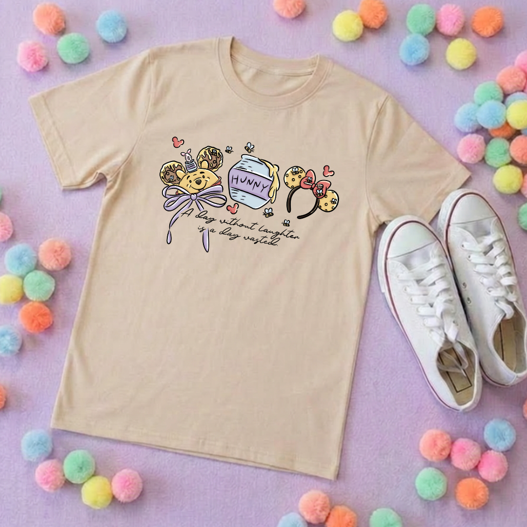 Hunny Bear Pooh Inspired Printed White T-Shirt, English Yellow Bear, Acre Wood - Adults & Kids Sizes - Cotton T-Shirt