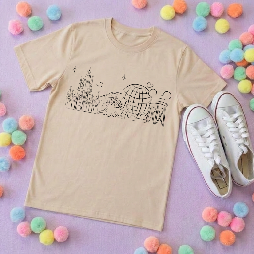 Exclusive Design, 4 Park Sketch Tee, Park Life T-Shirt, Ears, Florida, Orlando, Cruise Holidays T-Shirts, Holiday Outfits - Adults & Kids Sizes - Cotton T-Shirt