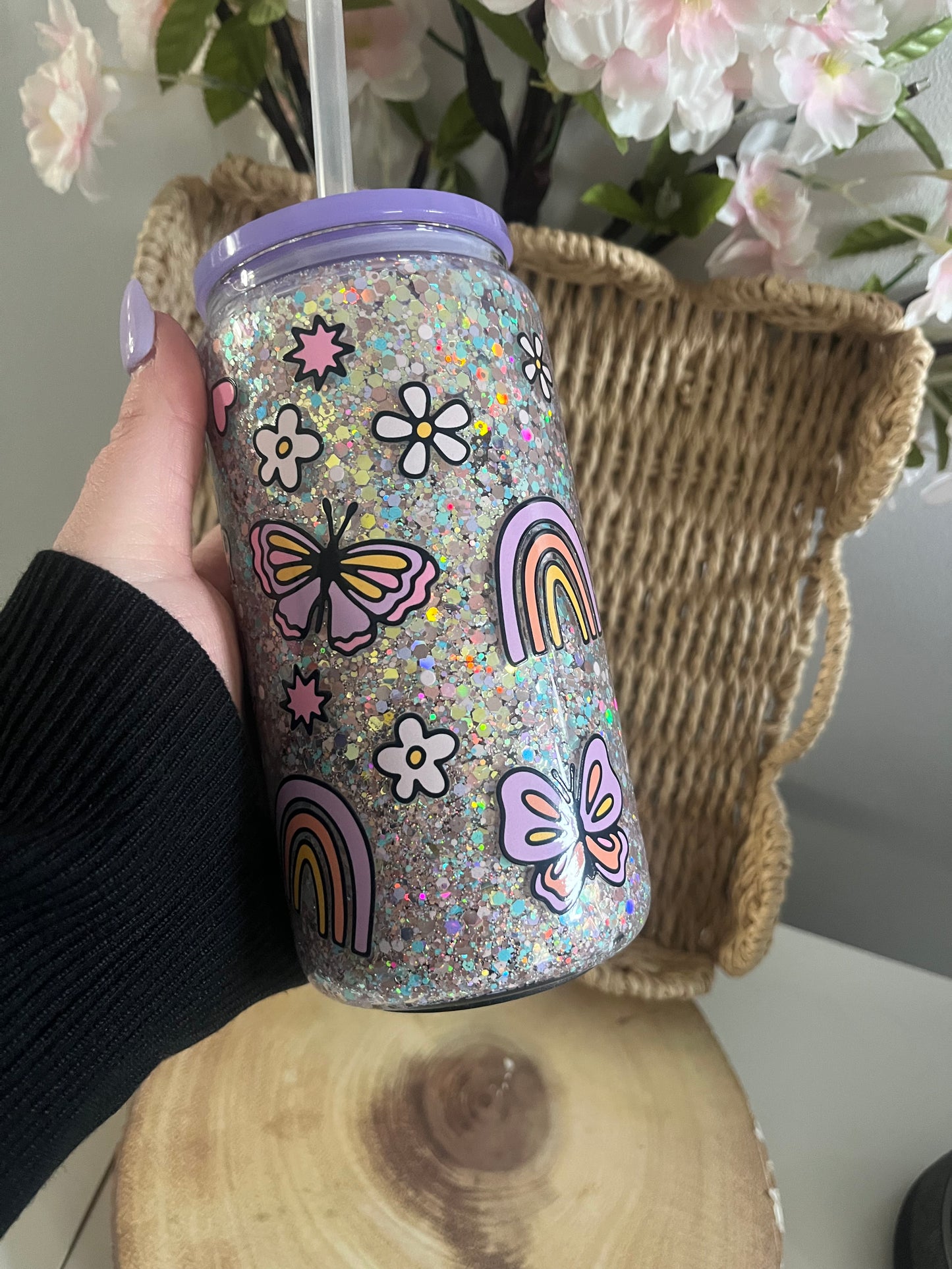 Cool Mum Glitter Glass Tumbler, Glassware, Snowglobe, Glitterglobe, Pretty Drink Cups, Butterfly Theme, Rainbow Theme, Glitter Glasses