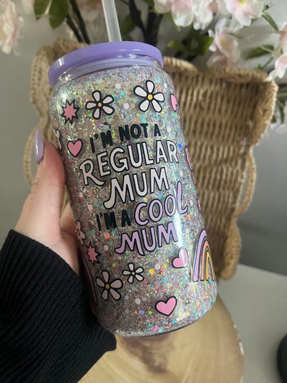 Cool Mum Glitter Glass Tumbler, Glassware, Snowglobe, Glitterglobe, Pretty Drink Cups, Butterfly Theme, Rainbow Theme, Glitter Glasses