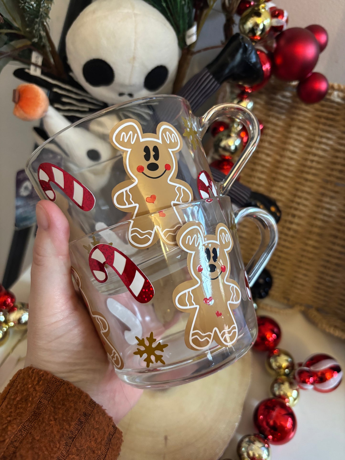 Christmas Gingerbread Mickey Glass Mug, Personalised Glass Mug, Christmas Decor, Christmas Cookies Decor, Glass Mugs