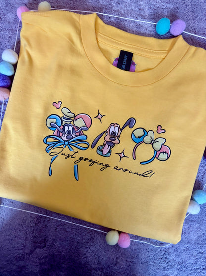 Goofing Around, Goofy, Pluto Inspired Printed White T-Shirt, Yellow Dog, Goofy - Adults & Kids Sizes - Cotton T-Shirt