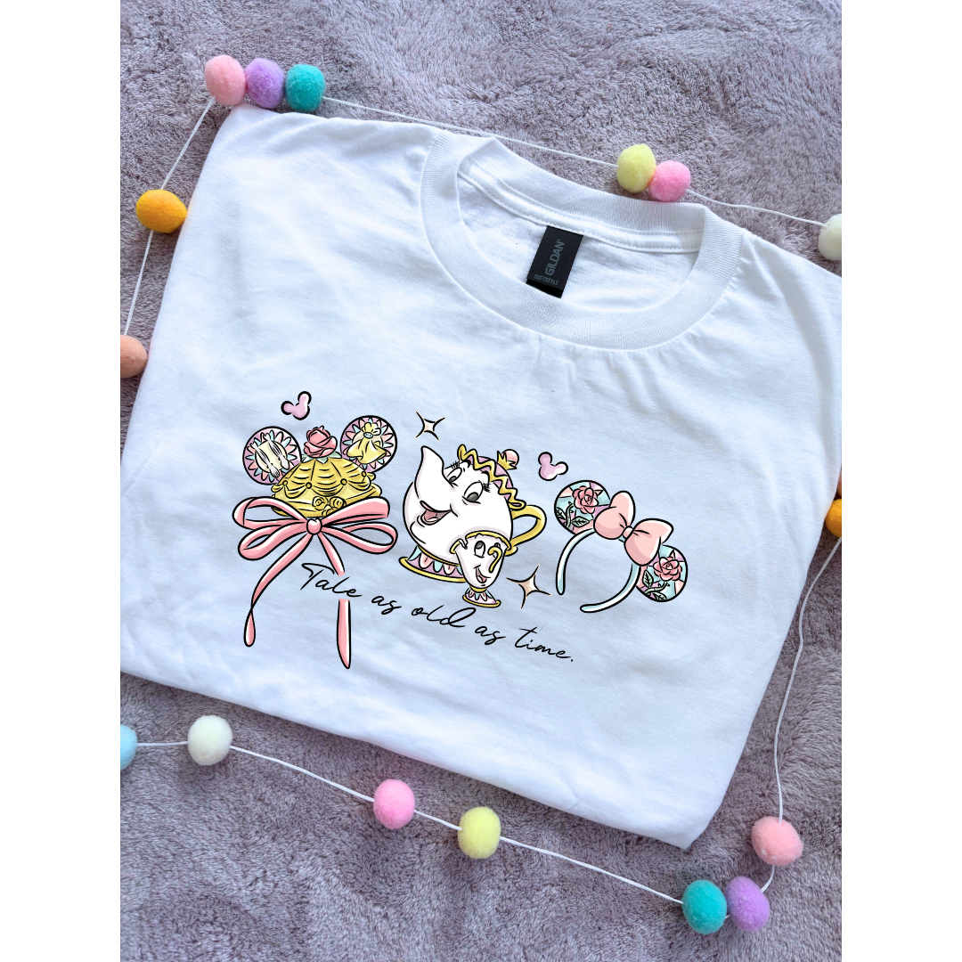 Belle & Teapot Inspired Printed T-Shirt, Princess Movie, Mouse Ears, Princess- Adults & Kids Sizes - Cotton T-Shirt