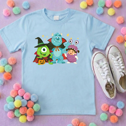 Spooky Monsters, Boo Full Art Inspired Printed Blue T-Shirt, Monsters Inc, University, Mike, Sully, Boo and Friends - Adults & Kids Sizes - Cotton T-Shirt