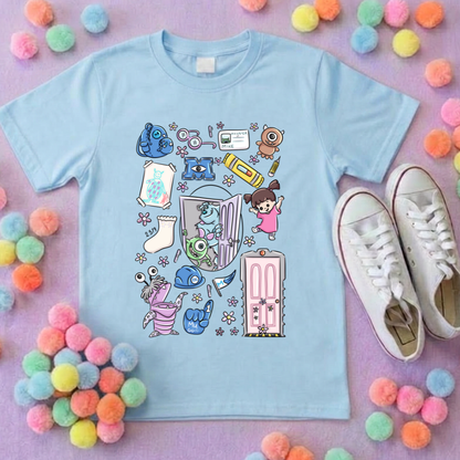 Monsters, Boo Full Art Inspired Printed Blue T-Shirt, Monsters Inc, University, Mike, Sully, Boo and Friends - Adults & Kids Sizes - Cotton T-Shirt