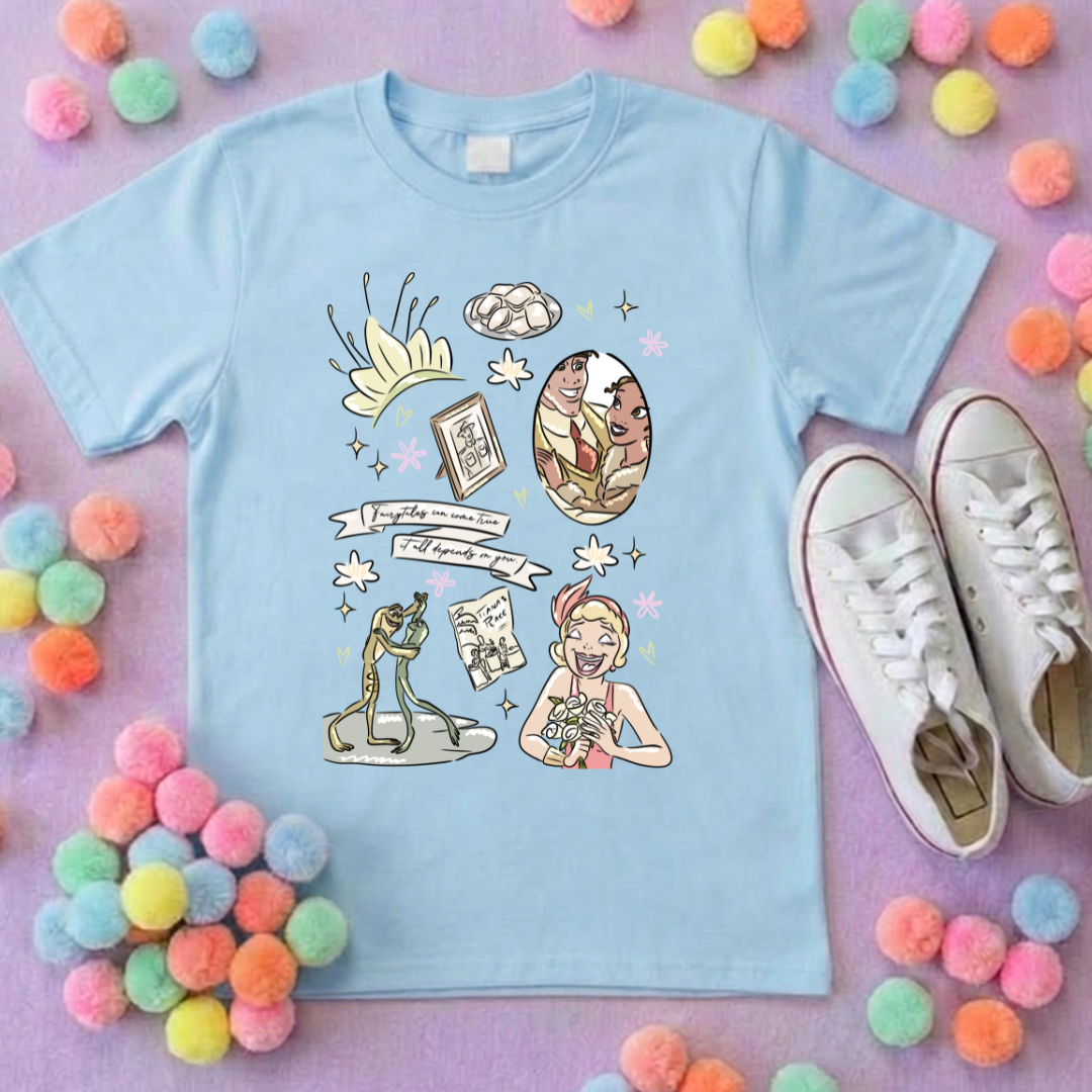 Bayou Frog Princess Full Art Inspired Printed T-Shirt, Princess Movie, Mouse Ears, Princess- Adults & Kids Sizes - Cotton T-Shirt