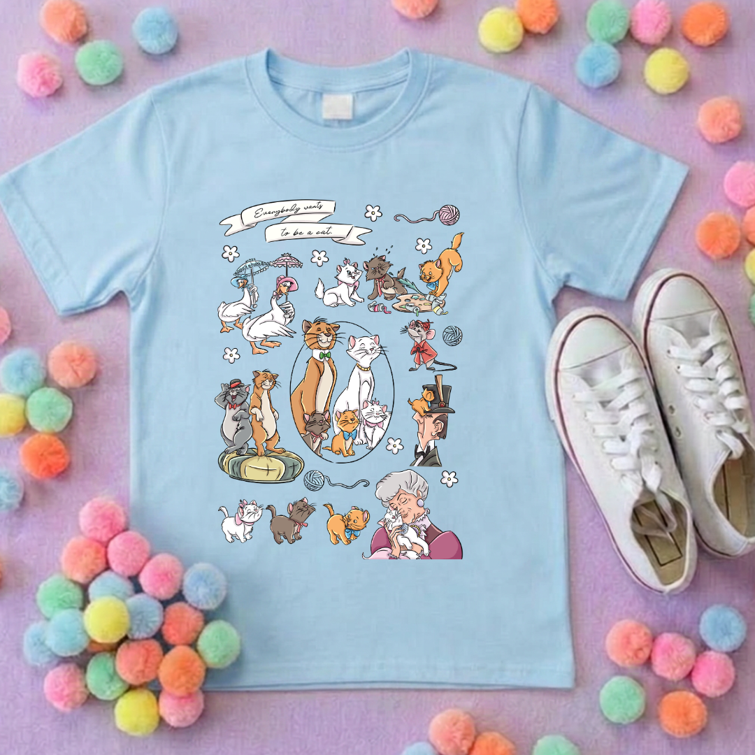 Cat Aristocat Full Art Inspired Printed Pink T-Shirt, Underwater, Kittens, Marie, Duchess and Friends - Adults & Kids Sizes - Cotton T-Shirt