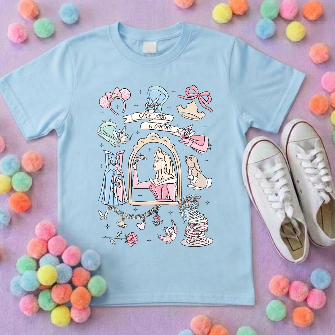 Sleeping Princess Full Art Inspired Printed T-Shirt, Princess Movie, Mouse Ears, Princess- Adults & Kids Sizes - Cotton T-Shirt