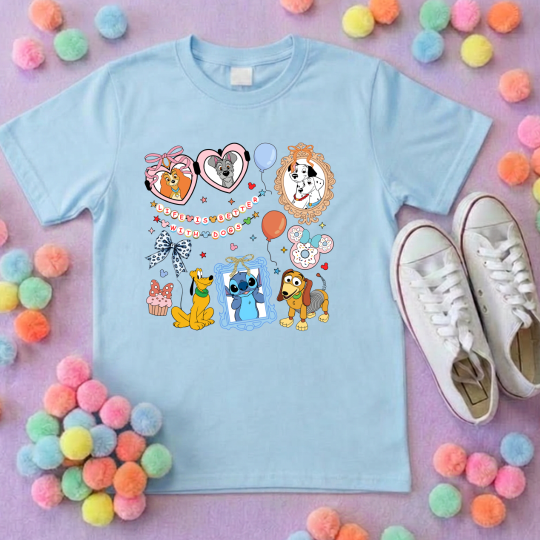 Pets Inspired Printed White T-Shirt, Dogs, Stitch, Dalmations and Friends - Adults & Kids Sizes - Cotton T-Shirt