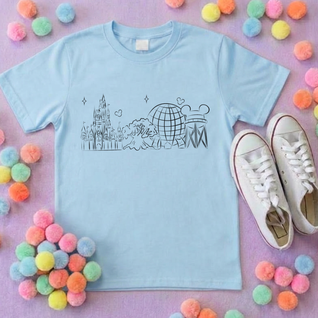 Exclusive Design, 4 Park Sketch Tee, Park Life T-Shirt, Ears, Florida, Orlando, Cruise Holidays T-Shirts, Holiday Outfits - Adults & Kids Sizes - Cotton T-Shirt
