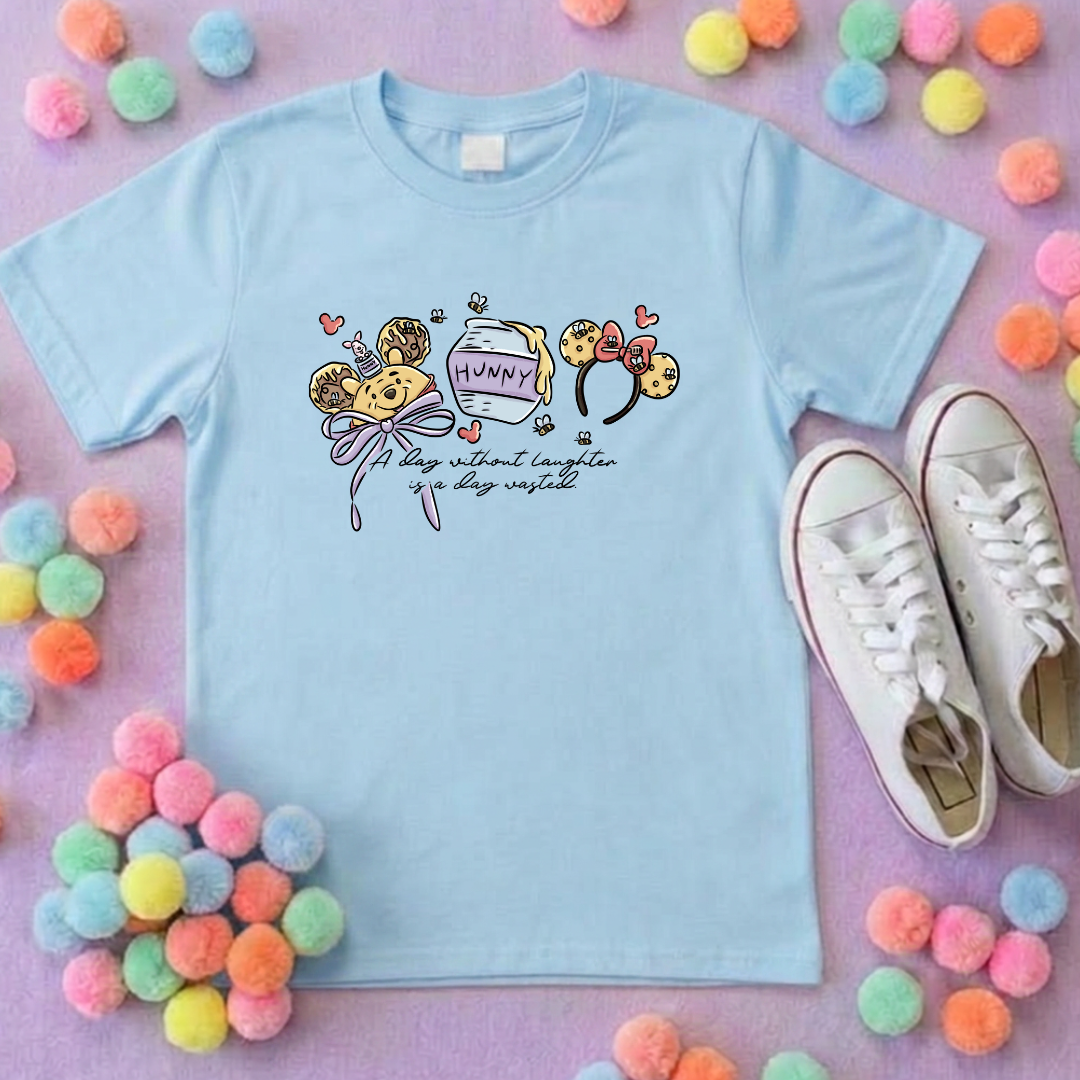 Hunny Bear Pooh Inspired Printed White T-Shirt, English Yellow Bear, Acre Wood - Adults & Kids Sizes - Cotton T-Shirt